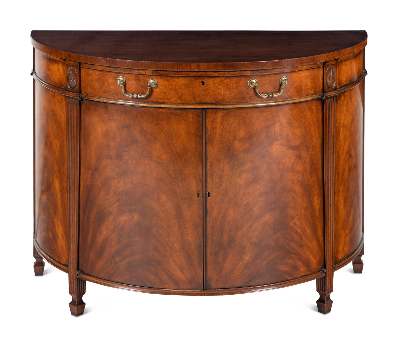 A George III Style Burlwood Demilune Cabinet: A George III Style Burlwood Demilune Cabinet 20th Century with one interior shelf and key. Height 33 x width 45 1/4 x depth 23 1/3 inches. This lot is located in Chicago. Property from the Collection 
