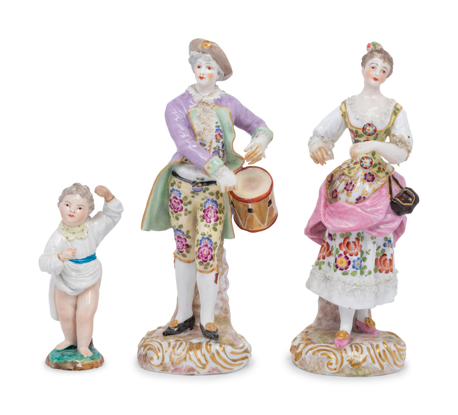 A Pair of Meissen Porcelain Figures and a German Porcelain Figure: A Pair of Meissen Porcelain Figures and a German Porcelain Figure Height of taller figures 8 1/2 inches. Shorter figure measures 4 1/2 inches. This lot is located in Chicago.