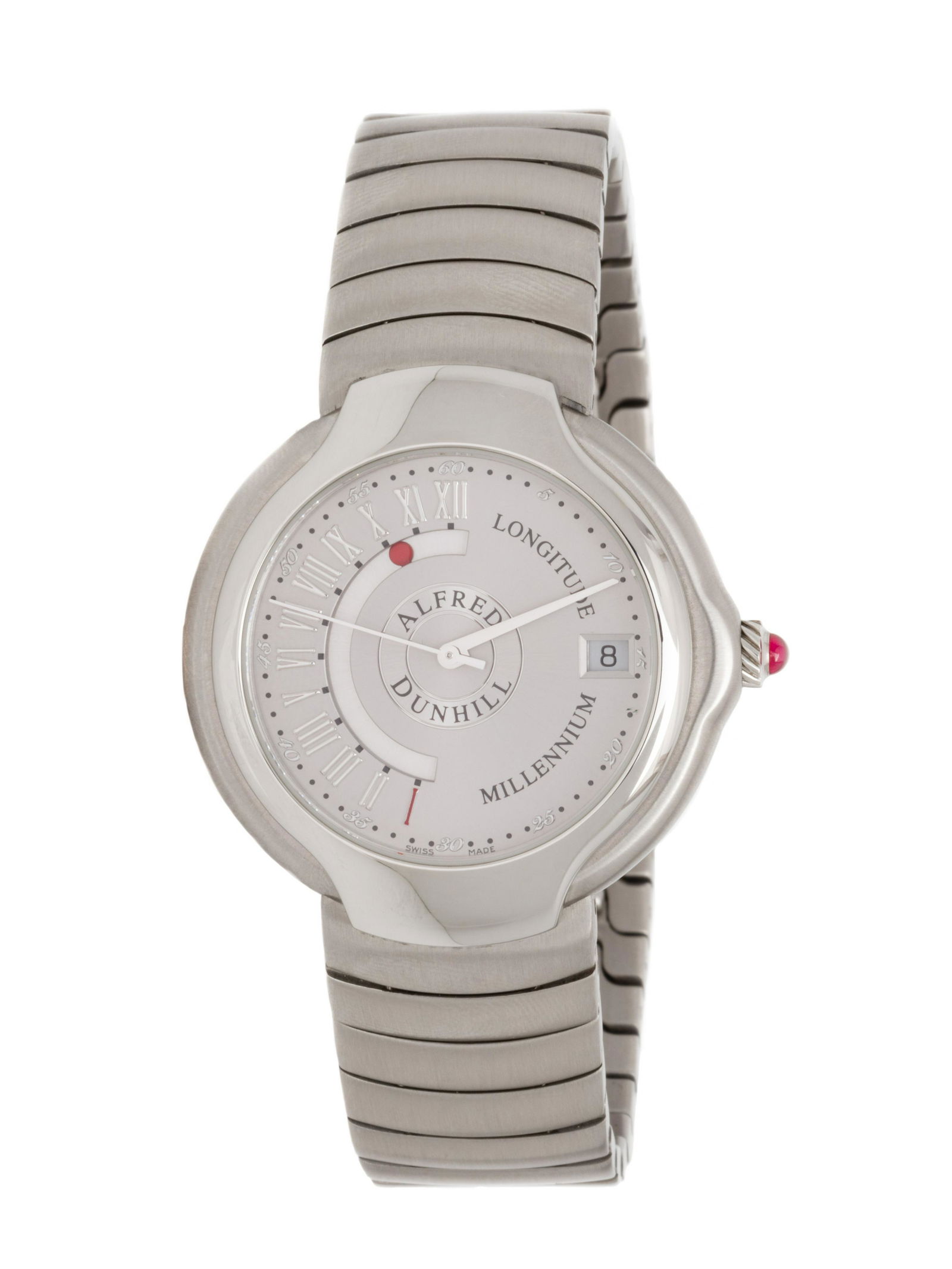 ALFRED DUNHILL, STAINLESS STEEL 'LONGITUDE MILLENNIUM' WATCH: ALFRED DUNHILL, STAINLESS STEEL 'LONGITUDE MILLENNIUM' WATCHMaker: Alfred DunhillModel: Longitude Millennium Limited EditionCase size: Approx. 36 mmCase material: Stainless steelDial: GreyMovement: Au