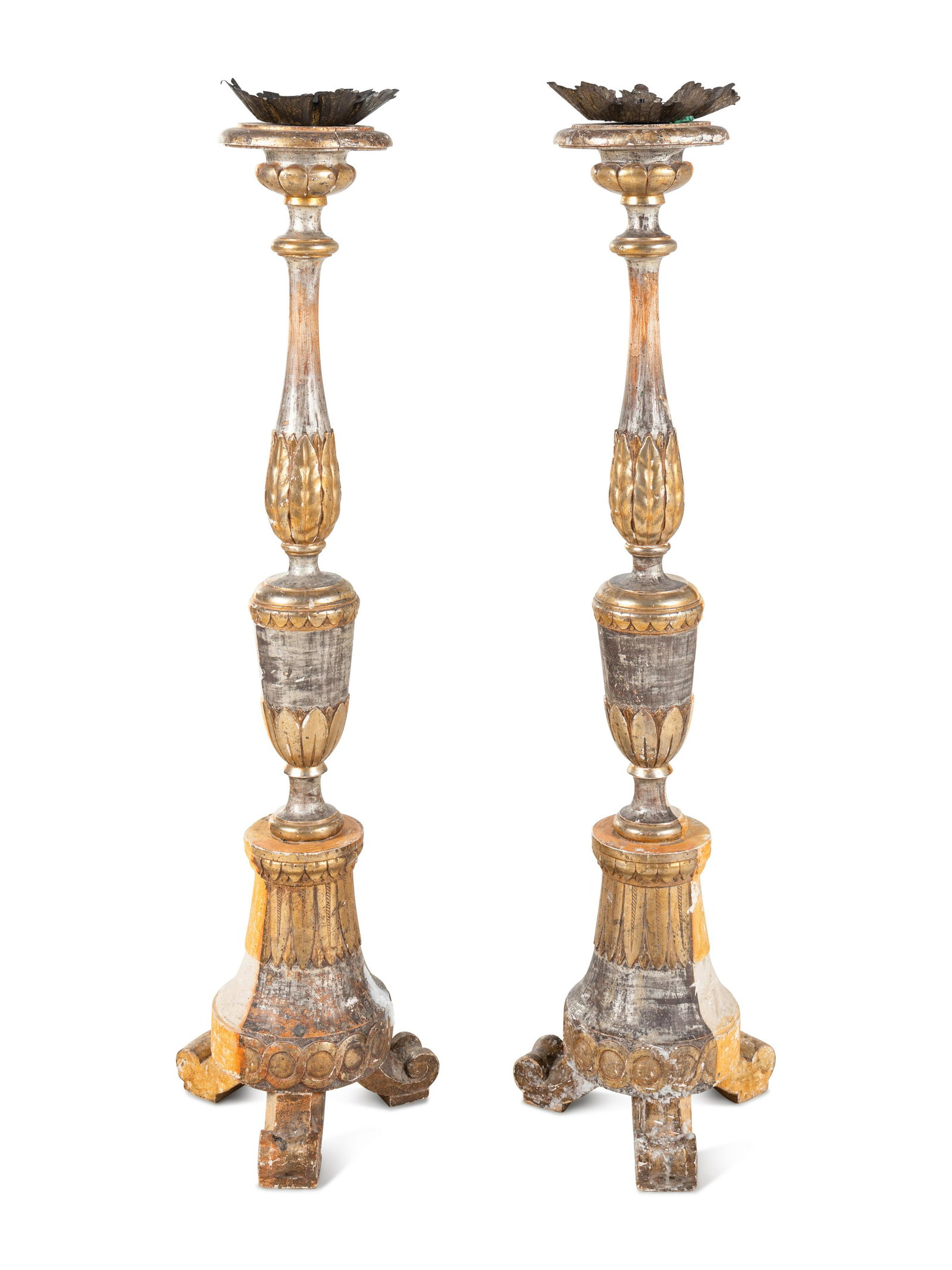 A Pair of Italian Painted and Parcel-Gilt Pricket Sticks: A Pair of Italian Painted and Parcel-Gilt Pricket Sticks 18th Century Height overall 52 1/4 inches. This lot is located in Chicago. Property from Linden House, Indianapolis, Indiana