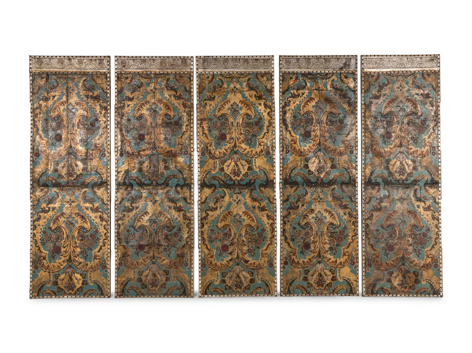 A Set of Five Continental Painted Leather Panels (1 of 7)