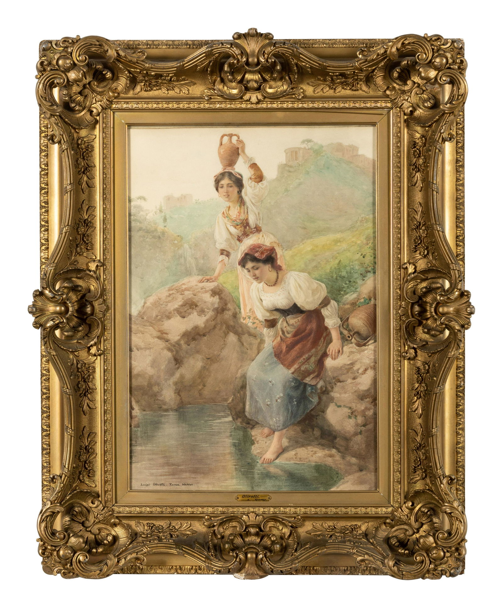 Luigi Olivetti (Italian, 1856-1941): Luigi Olivetti (Italian, 1856-1941) Two Maidens Gathering Water, 1906 watercolor signed and dated (lower left) 21 x 13 5/8 inches (sight). This lot is located in Chicago. Property from Linden House, I
