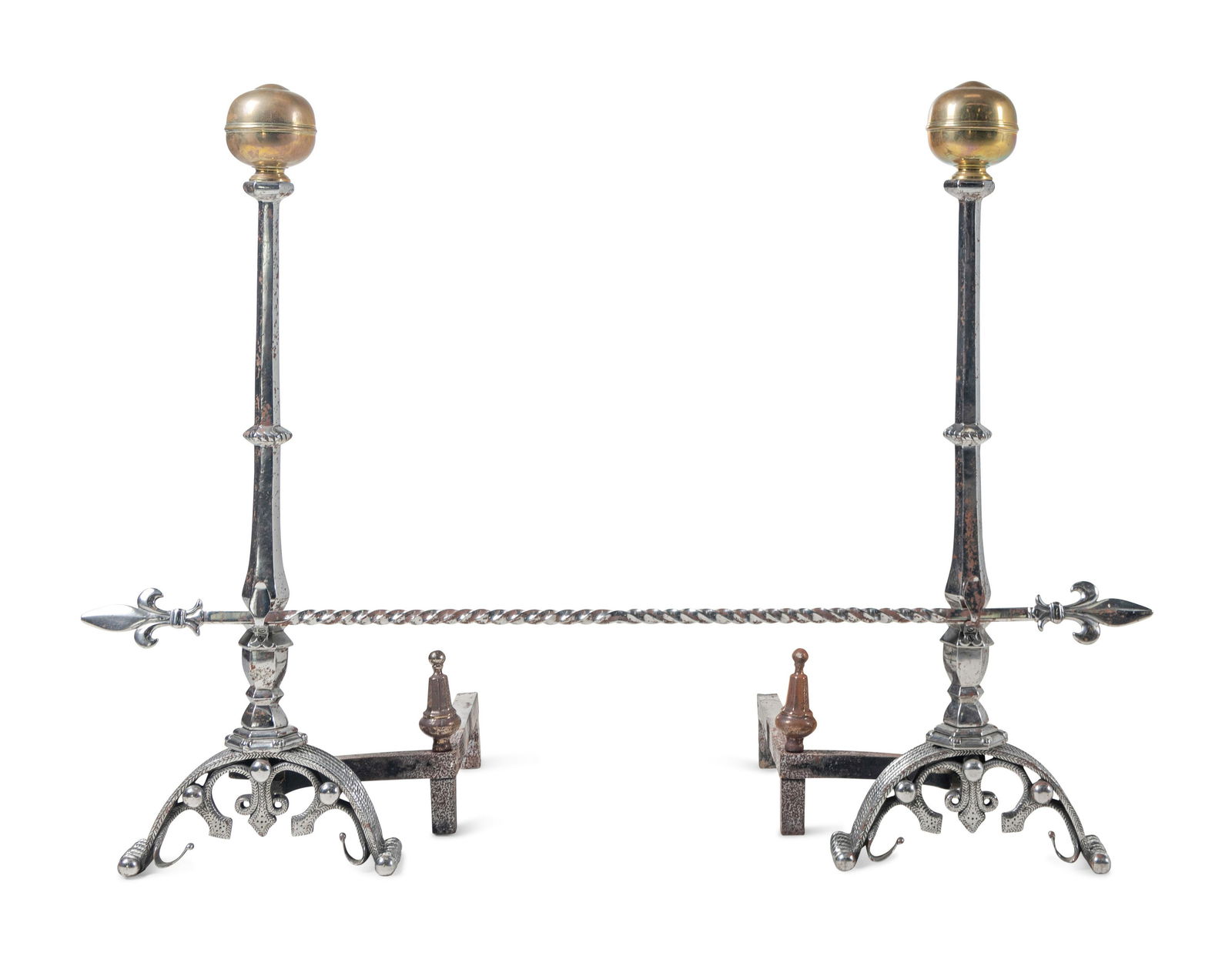 A Pair of English Brass and Steel Andirons: A Pair of English Brass and Steel Andirons Early 20th Century Height 36 1/2 inches. This lot is located in Chicago. Property from Linden House, Indianapolis, Indiana