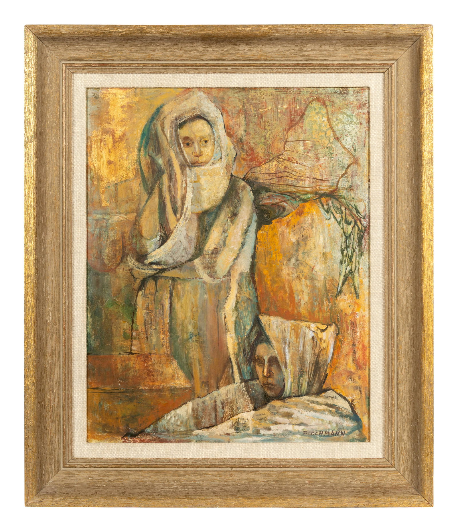 Carolyn Plochmann (American, b. 1926): Carolyn Plochmann (American, b. 1926) Two Women oil on board signed (lower right) 21 1/2 x 17 1/2 inches. This lot is located in Chicago. Property from Linden House, Indianapolis, Indiana