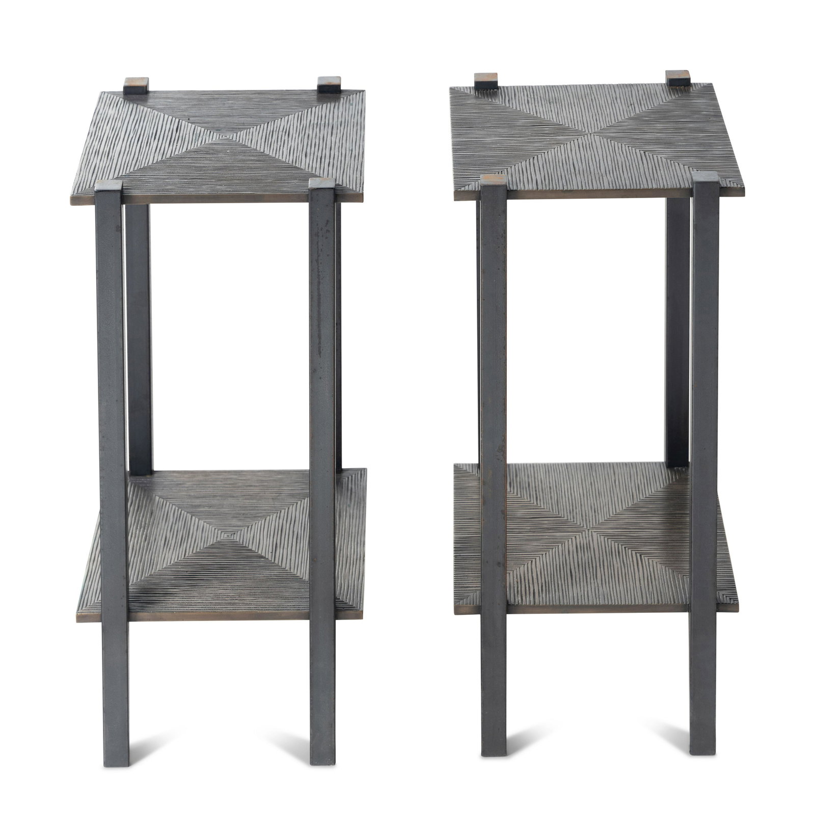 A Pair of Tuell and Reynolds Bronze and Steel Hakone Side Tables: A Pair of Tuell and Reynolds Bronze and Steel Hakone Side Tables Height 20 1/4 x width 9 3/4 x depth 10 1/2 inches. This lot is located in Chicago. Property from Linden House, Indianapolis, Indiana
