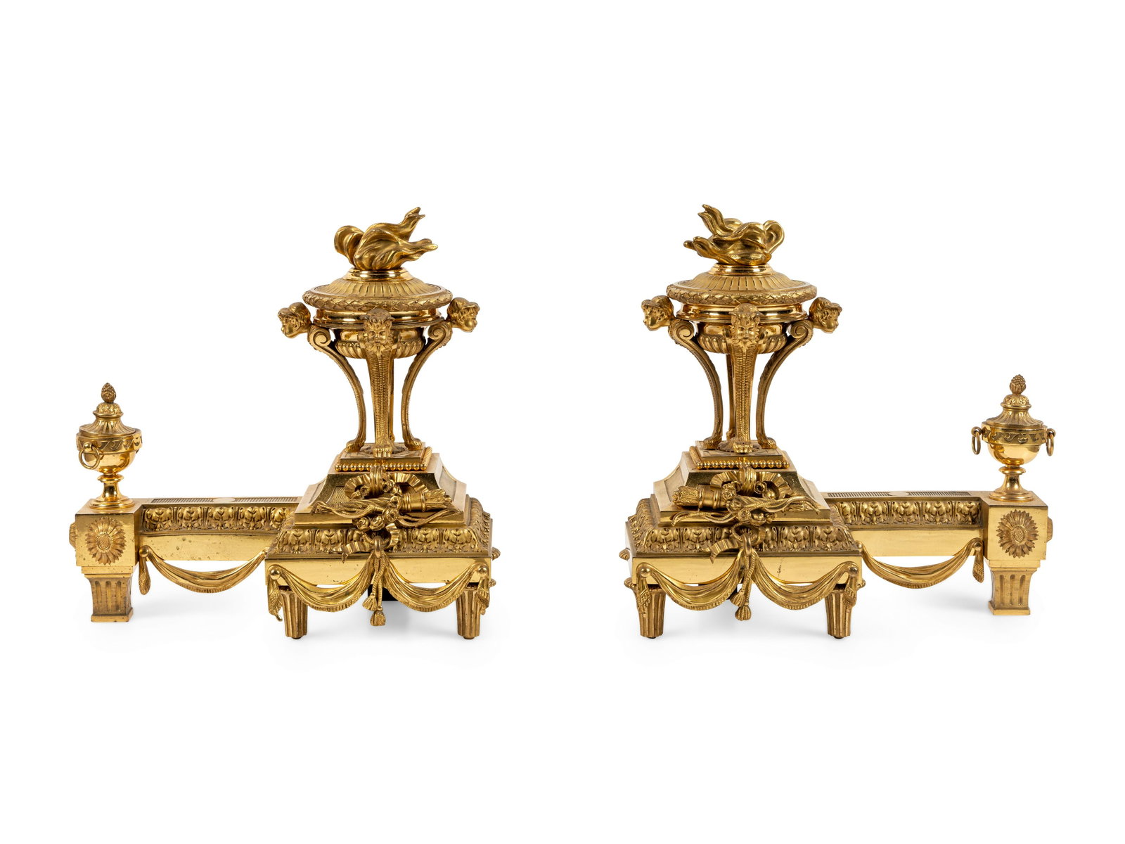 A Pair of French Neoclassical Gilt Bronze Chenets: A Pair of French Neoclassical Gilt Bronze Chenets Circa 1900 Height 13 x width 13 1/2 x depth 7 inches. This lot is located in Chicago. Property of a Private Collector, Chicago, Illinois