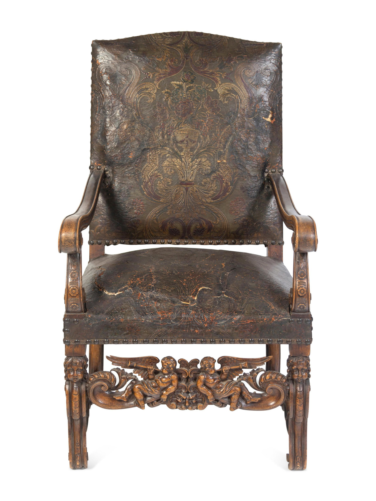 An Italian Baroque Tooled Leather-Upholstered Armchair: An Italian Baroque Tooled Leather-Upholstered Armchair Late 19th Century Height 47 x width 27 1/2 inches. This lot is located in Chicago.