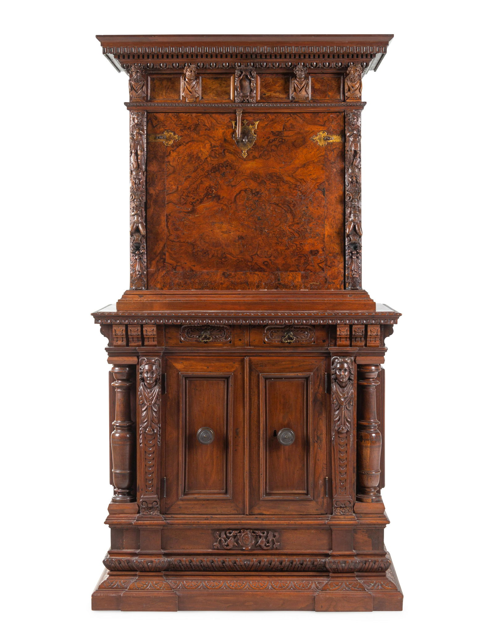 An Italian Baroque Style Carved Walnut and Burl Walnut Fall-Front Bureau Cabinet (1 of 8)