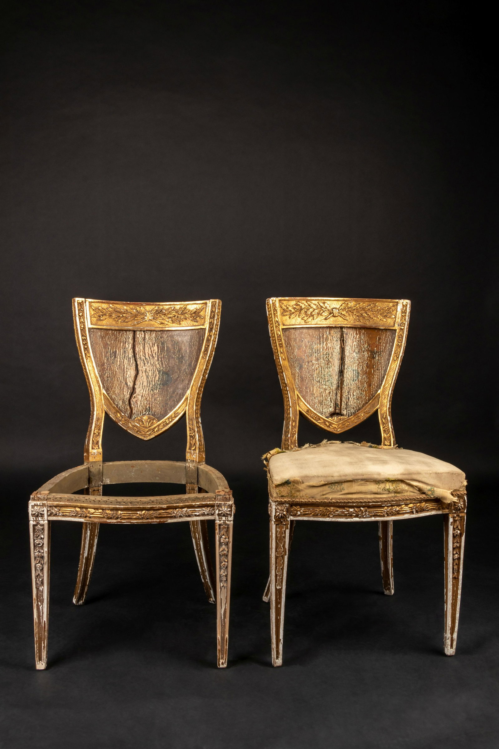 A Pair of Italian Giltwood Side Chairs from the Potter and Bertha Honoré Palmer Mansion,: A Pair of Italian Giltwood Side Chairs from the Potter and Bertha Honoré Palmer Mansion, Chicago Late 18th Century Height 33 3/4 x width 18 3/4 inches. This lot is located in Chicago. Literature: