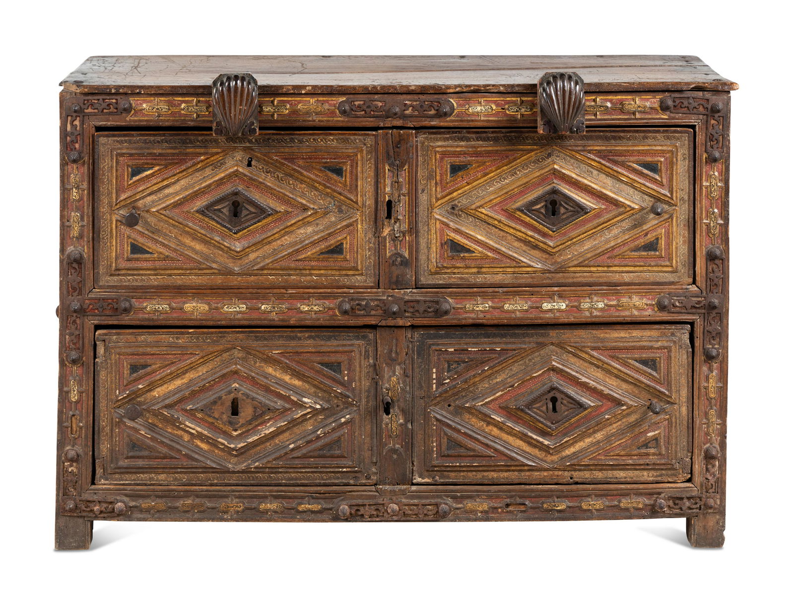 A Spanish Iron Mounted Red-Stained and Parcel-Gilt Walnut Vargueno Base (1 of 4)