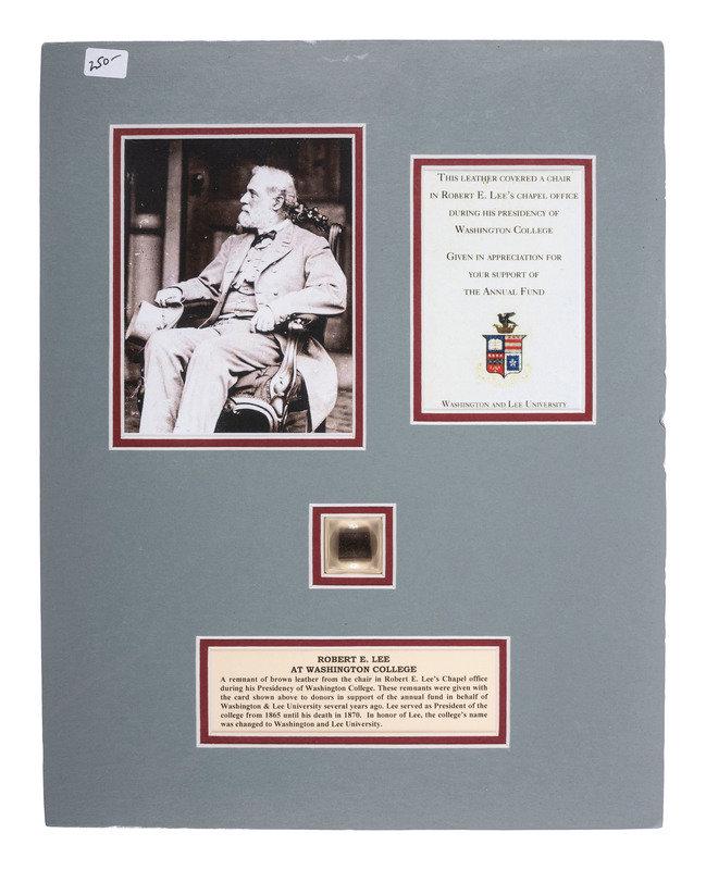 [LEE, Robert E. (1807-1870)]. Relics identified to Robert E. Lee.: [LEE, Robert E. (1807-1870)]. Relics identified to Robert E. Lee. 11 x 14 in. display containing: 5/8 x 1/2 in. remnant of brown leather from the chair in Robert E. Lee's Chapel office in which he sat