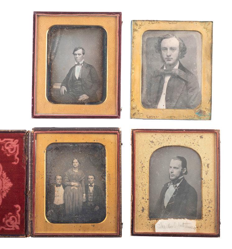 [EARLY PHOTOGRAPHY]. 4 oversized half plate daguerreotype portraits of men and women, including:: [EARLY PHOTOGRAPHY]. 4 oversized half plate daguerreotype portraits of men and women, including: Seated portrait of an identified man with slicked-back hair and a patterned vest and neck tie. (Cloudin