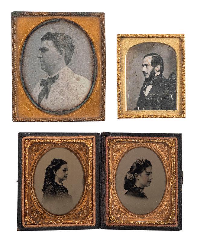 [EARLY PHOTOGRAPHY]. 7 daguerreotype and 2 tintype portraits of subjects posed in profile.: [EARLY PHOTOGRAPHY]. 7 daguerreotype and 2 tintype portraits of subjects posed in profile. Sixth plate portrait of a gentleman in profile, wearing a light colored shirt and dark colored necktie. N.p.: