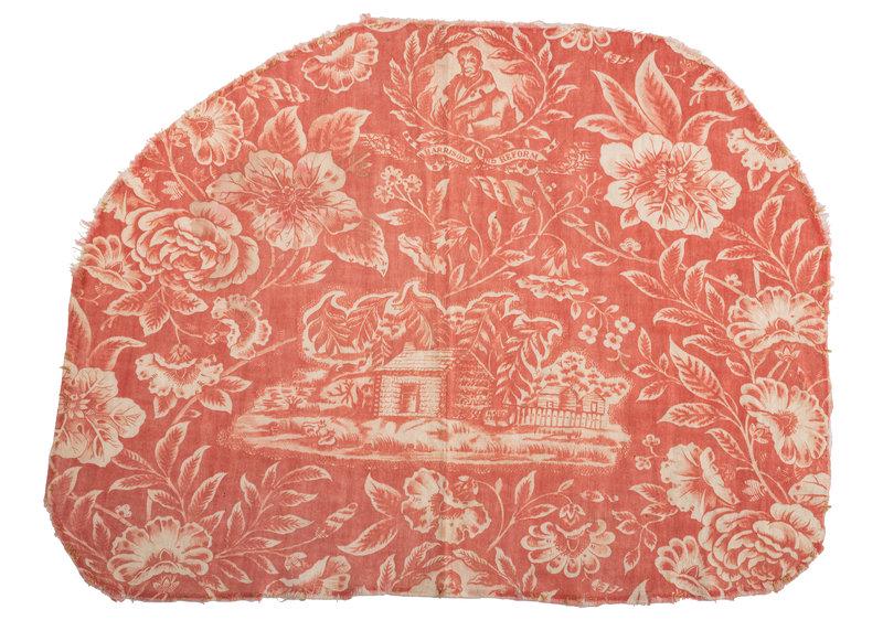 [HARRISON, William Henry (1773-1841)]. Campaign fabric and War of 1812-related ephemera.: [HARRISON, William Henry (1773-1841)]. Campaign fabric and War of 1812-related ephemera. Red William Henry Harrison campaign fabric featuring portrait and log cabin. Approx. 17 5/8 x 13 1/2 in. 