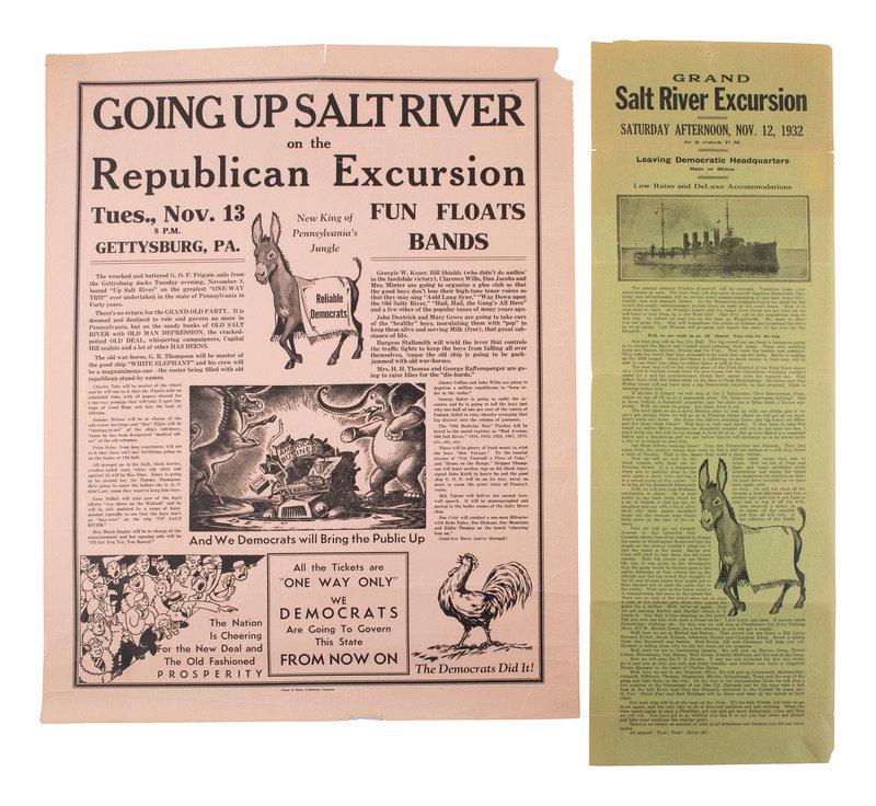 [ROOSEVELT, Franklin D. (1882-1945) -- HOOVER, Herbert (1874-1964)]. 1930s "Salt River" broadsides.: [ROOSEVELT, Franklin D. (1882-1945) -- HOOVER, Herbert (1874-1964)]. 1930s "Salt River" broadsides. Grand Salt Excursion Saturday Afternoon, Nov. 12, 1932...Leaving Democratic Headquarters. N.p.: N.p.
