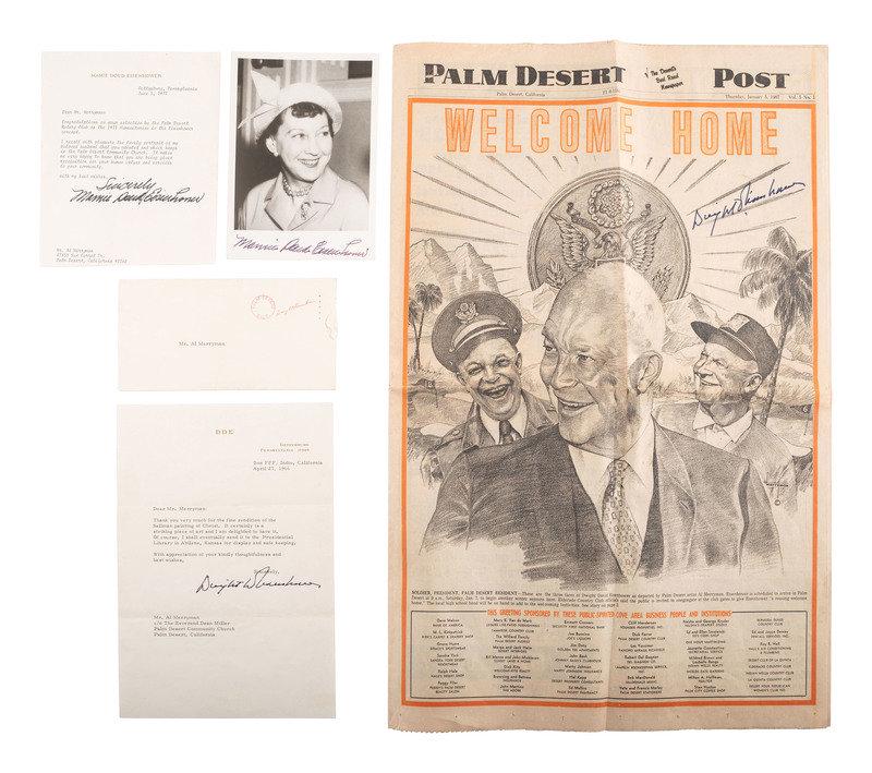 EISENHOWER, Dwight D. (1890-1969). Two signed items. [With:] Mamie Doud Eisenhower photo and TLS.: EISENHOWER, Dwight D. (1890-1969). Two signed items. [With:] Mamie Doud Eisenhower photo and TLS. EISENHOWER, Dwight D. Typed letter signed ("Dwight D Eisenhower"), to Al Merryman. Indio, CA, 27 April