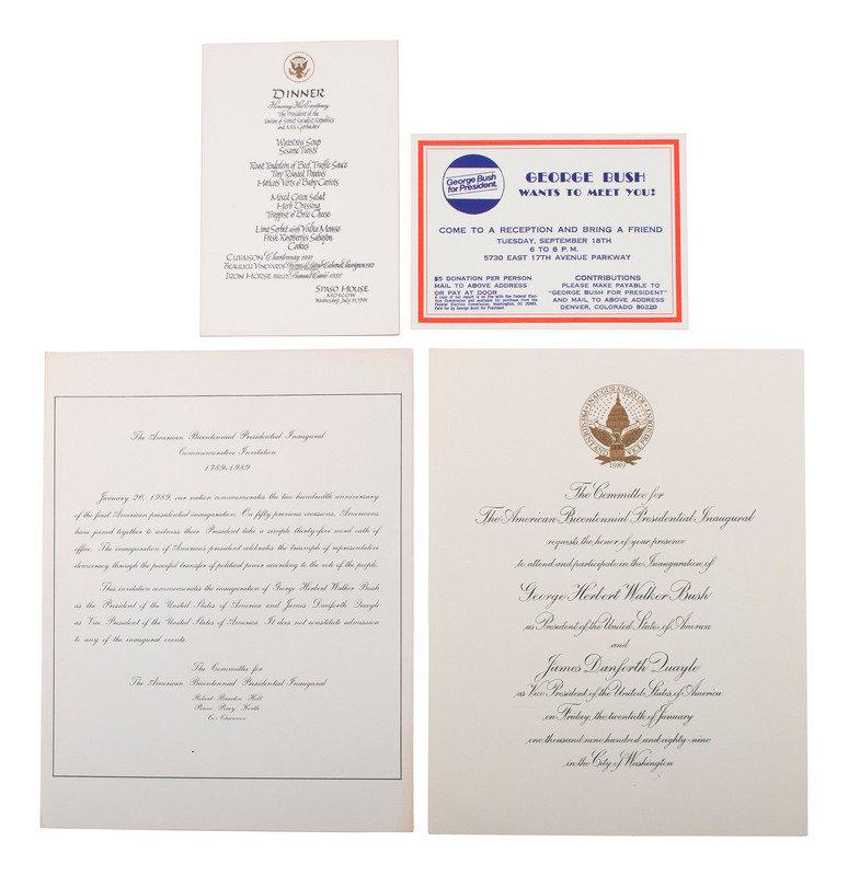 [BUSH, George H.W. (1924-2018)]. Presidential and campaign ephemera, incl. SIGNED card.: [BUSH, George H.W. (1924-2018)]. Presidential and campaign ephemera, incl. SIGNED card. 1990 White House Christmas card SIGNED BY PRESIDENT GEORGE H.W. BUSH AND FIRST LADY BARBARA BUSH. 10 x 13 in. pr