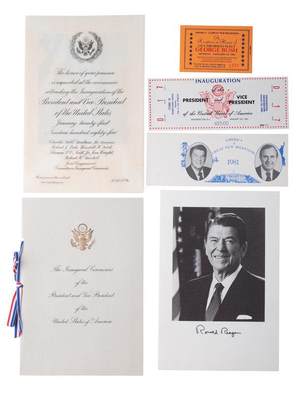 [REAGAN, Ronald (1911-2004)] Inauguration & campaign ephemera, and Christmas cards.: [REAGAN, Ronald (1911-2004)] Inauguration & campaign ephemera, and Christmas cards. 2 1981 Inauguration tickets. -- Ticket to a Reception on Honor of Vice President-Elect George Bush. Washington, 