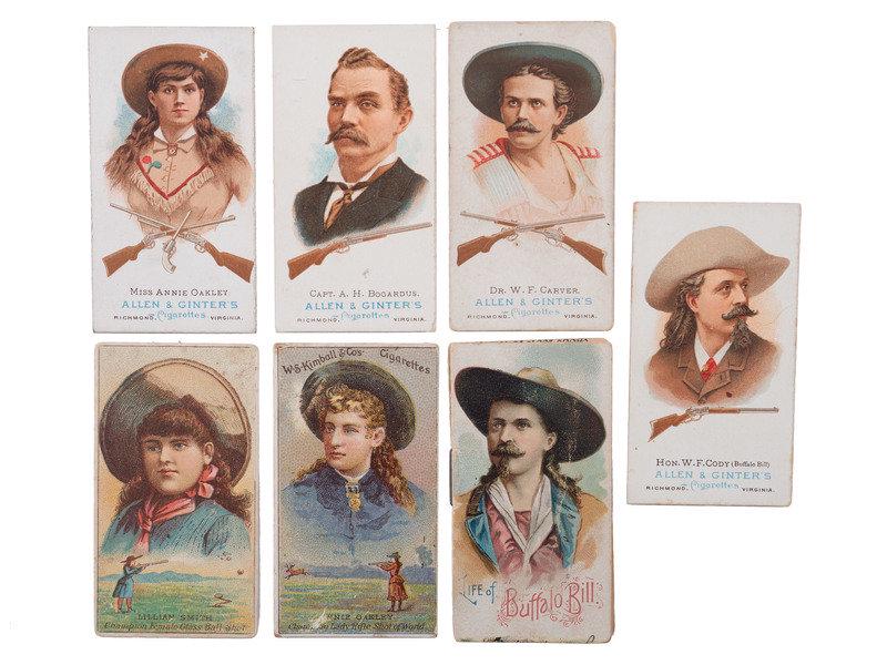 [WILD WEST SHOWS]. : [WILD WEST SHOWS]. 8 items, incl. tobacco cards of Buffalo Bill CODY, Annie OAKLEY, & Doc CARVER. The lot includes the following: 4 printed Allen and Ginter tobacco cards, each 1 1/2 x 2 3/4