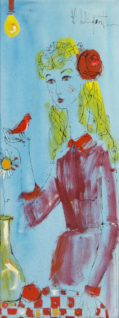 Alvin Carl Hollingsworth, (American, 1928-2000), Go: Alvin Carl Hollingsworth (American, 1928-2000) Golden Haired Girl with Bird oil on canvas signed A. Hollingsworth (upper right) 36 x 14 inches.