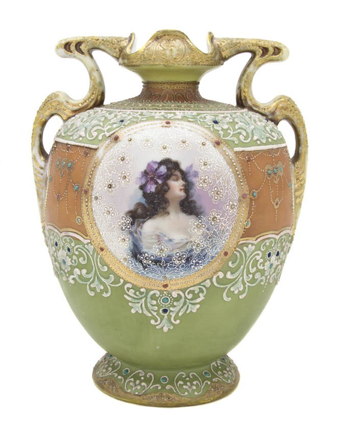 A Nippon Porcelain Moriage Vase, Height 10 1/4 in: A Nippon Porcelain Moriage Vase, of handled ovoid form, decorated with a portrait of a lady. Height 10 1/4 inches.