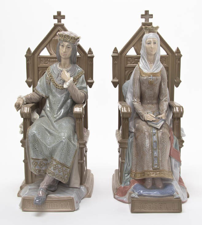 Two Lladro Porcelain Figures, Height 13 7/8 inche: Two Lladro Porcelain Figures, depicting King Ferdinand and Queen Isabella, each seated at their thrown. Height 13 7/8 inches.