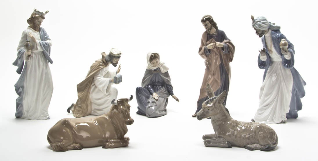 A Nao Porcelain Partial Nativity Set, Height of t: A Nao Porcelain Partial Nativity Set, comprising Mary, Joseph, the three wise men, a donkey and a bull. Height of tallest 11 1/2 inches.