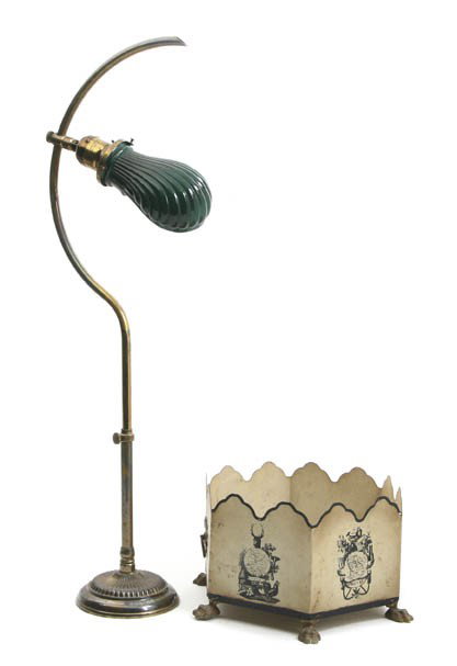 An Empire Style Bouillotte Lamp, Height of first : An Empire Style Bouillotte Lamp, together with a brass table lamp and a hexagonal tole jardiniere. Height of first 24 1/2 inches.
