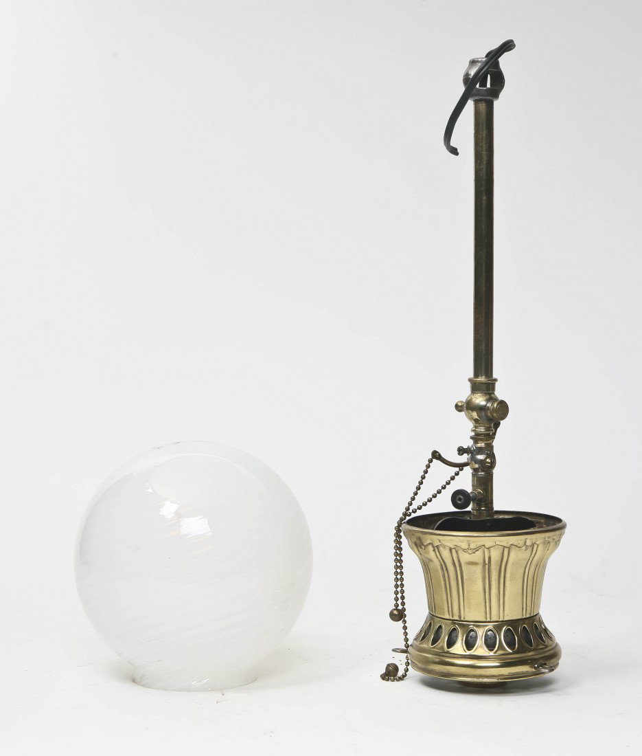 A Victorian Glass Shade, Length 21 inches.: A Victorian Glass Shade, of spherical form, in opalescent glass with twist decoration, together with an associated brass ceiling mount fixture. Length 21 inches.