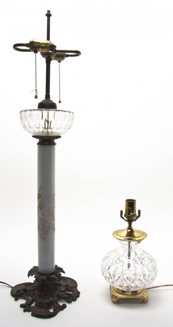 A Neoclassical Patinated Metal Table Lamp, Height: A Neoclassical Patinated Metal Table Lamp, of columnar form, together with a cut glass example. Height of first overall 35 1/4 inches. Property from the Estate of Jean Ross, Lake Forest, Illinois