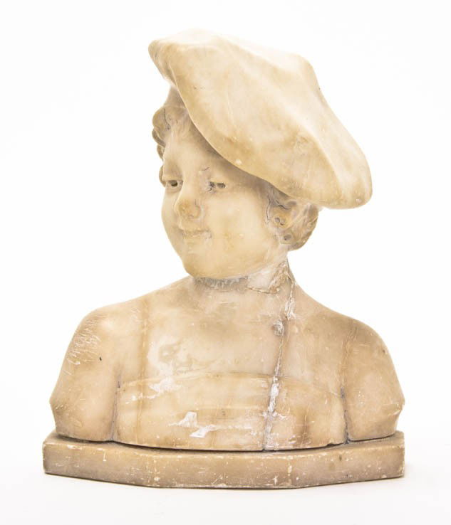An Italian Alabaster Bust, Height 9 1/4 inches.: An Italian Alabaster Bust, depicting a young boy in a hat, set on an octagonal base. Height 9 1/4 inches.
