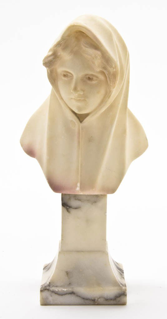 An Italian Alabaster Bust, Height overall 8 3/4 i: An Italian Alabaster Bust, depicting a hooded youth, raised on a square marble socle. Height overall 8 3/4 inches.