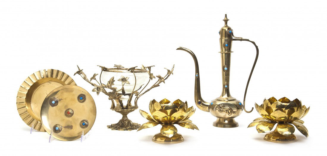 A Continental Brass and Glass Centerpiece, Height: A Continental Brass and Glass Centerpiece, together with two lotus form candle holders, a jeweled tray, an ewer and an ash receiver. Height of first 8 1/2 inches. Property from the Leon Brown Trust, U