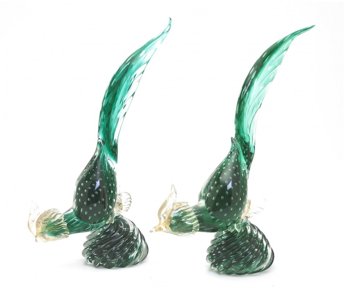 A Pair of Venetian Glass Pheasants, Height 12 5/8: A Pair of Venetian Glass Pheasants, each having internal air bubble decoration. Height 12 5/8 inches. Property from the Leon Brown Trust, U.S. Bank, Trustee, Troy, Ohio