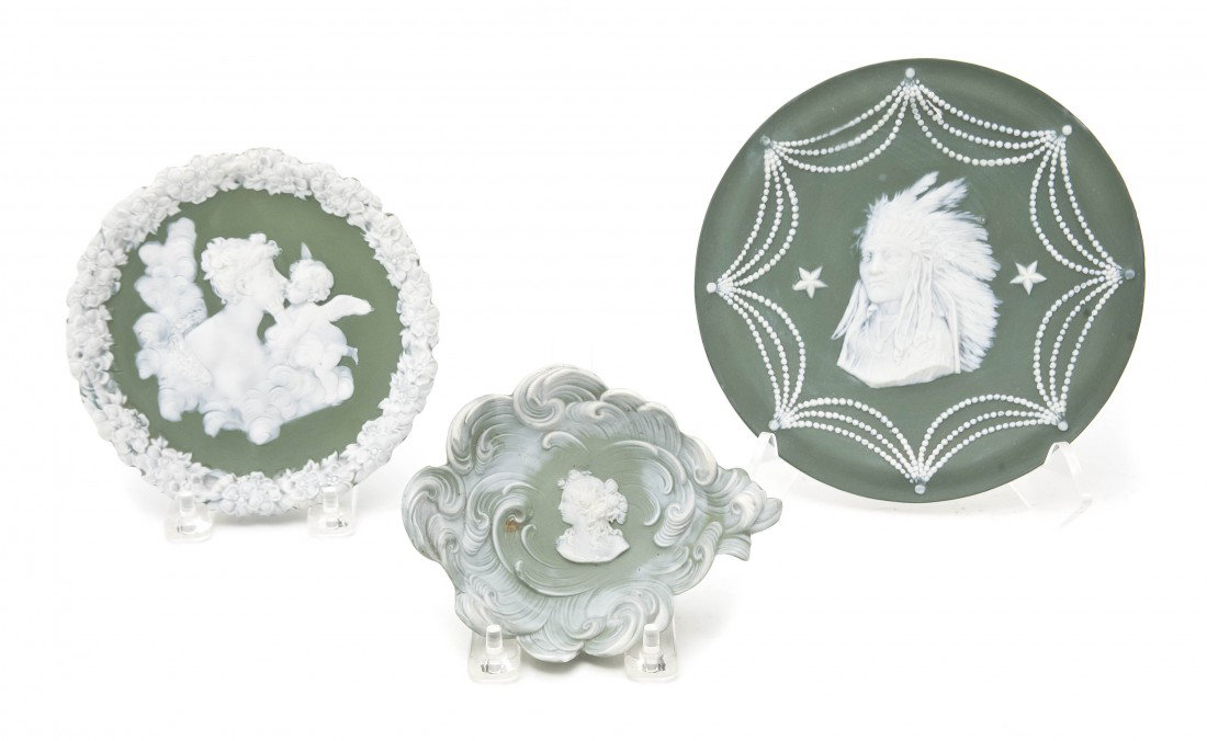 Three Continental Jasperware Articles, Diameter o: Three Continental Jasperware Articles, comprising a plate decorated with a bust of a Native American chief, a plate decorated with a maiden and a winged putto and a dish with a bust of a maiden in pro