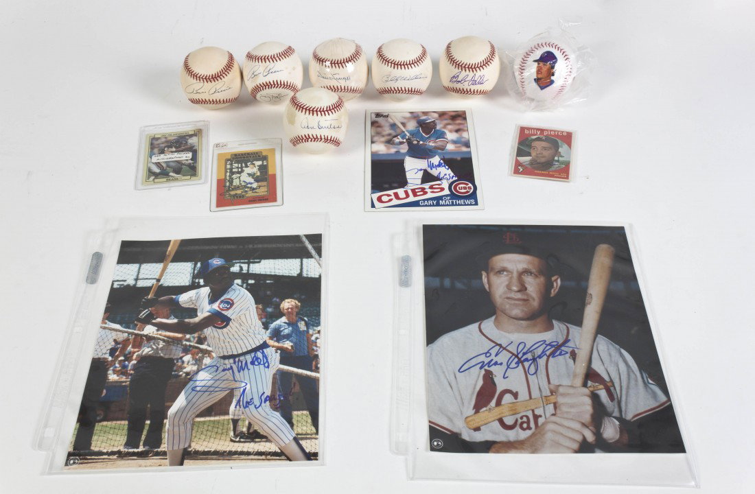 A Collection of Autographed Baseball Articles,: A Collection of Autographed Baseball Articles, comprising three cards including Billy Pierce, Gary Matthews and Duke Snyder, six photographs including players for the Cardinals, Cubs, White Sox and Re