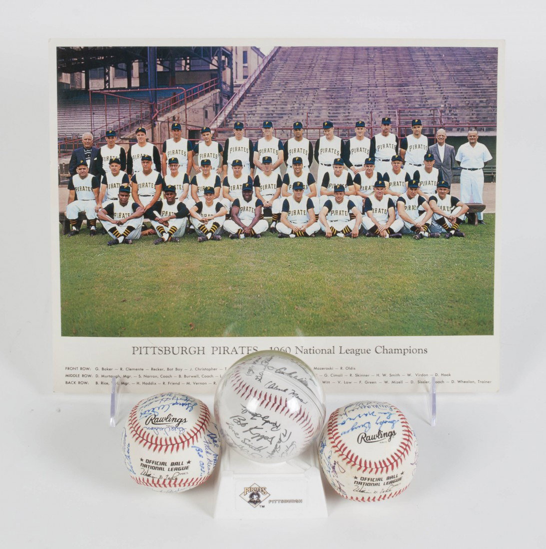 A Collection of Pittsburgh Pirate Articles,: A Collection of Pittsburgh Pirate Articles, comprising two team signed balls, each with 25 signatures (lacking Wilmer Mizell) acquired at the 30th anniversary World Champions Reunion with check cards,