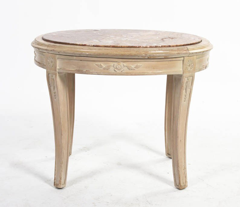 A Louis XVI Style Beechwood Occasional Table, Hei: A Louis XVI Style Beechwood Occasional Table, having a square top, raised on fluted legs joined by two caned medial shelves, together with a marble inset low table and a bench. Height of first 28 1/2