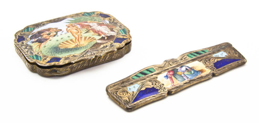 Two Italian Enameled Silver Articles, Fallaci, Wi: Two Italian Enameled Silver Articles, Fallaci, comprising a compact of rectangular form with rounded corners, decorated with The Birth of Venus, after Boticelli's painting, with faux enameled malachit