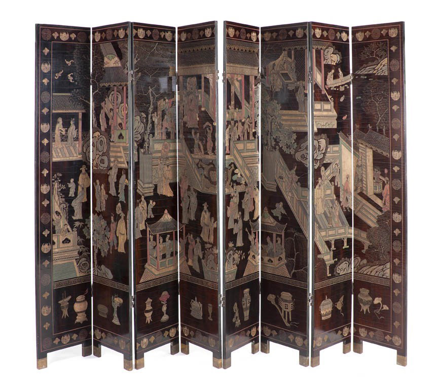 A Chinese Coromandel Eight Panel Floor Screen, He: A Chinese Coromandel Eight Panel Floor Screen, depicting cranes among flowers and bamboo in a watery landscape. Height of each panel 84 1/8 x width 16 inches.
