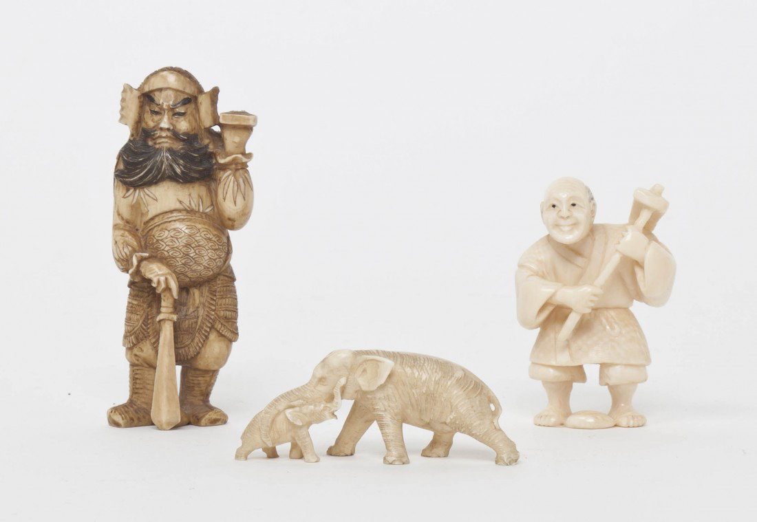 A Group of Three Japanese Carved Ivory Articles, : A Group of Three Japanese Carved Ivory Articles, comprising a figure of a warrior carrying a club, a netsuke depicting a farmer and a carved figural group depicting a mother and baby elephant. Height 
