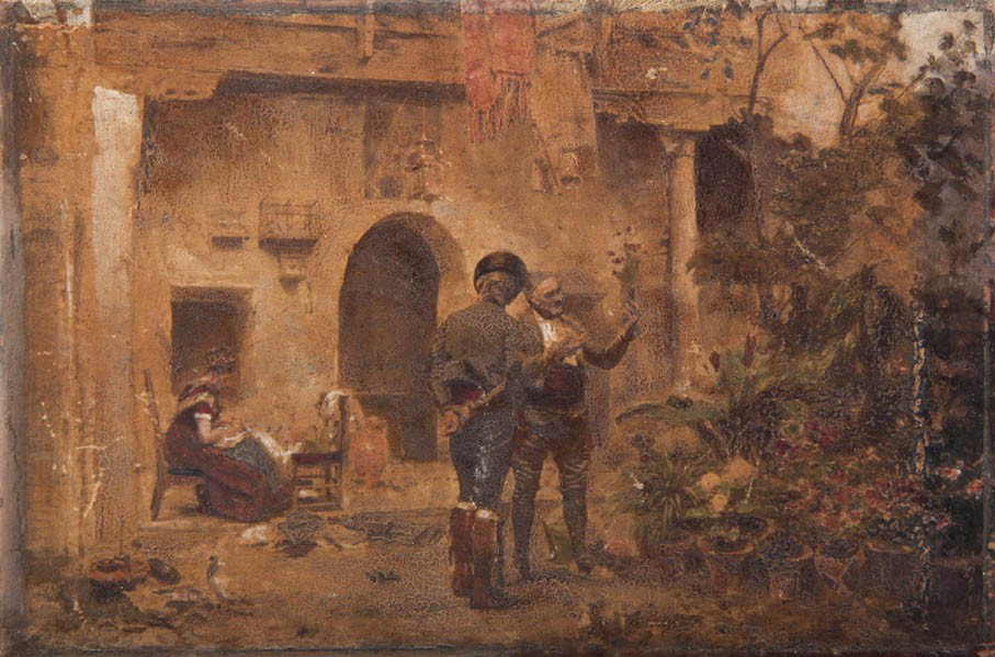 Jules Worms, (French, 1832-1914), La Fleur Prefer: Jules Worms (French, 1832-1914) La Fleur Preferee oil over photographic reproduction signed J. Worms and titled (verso) 3 1/2 x 5 1/4 inches. Property from the Estate of John D. Wilso