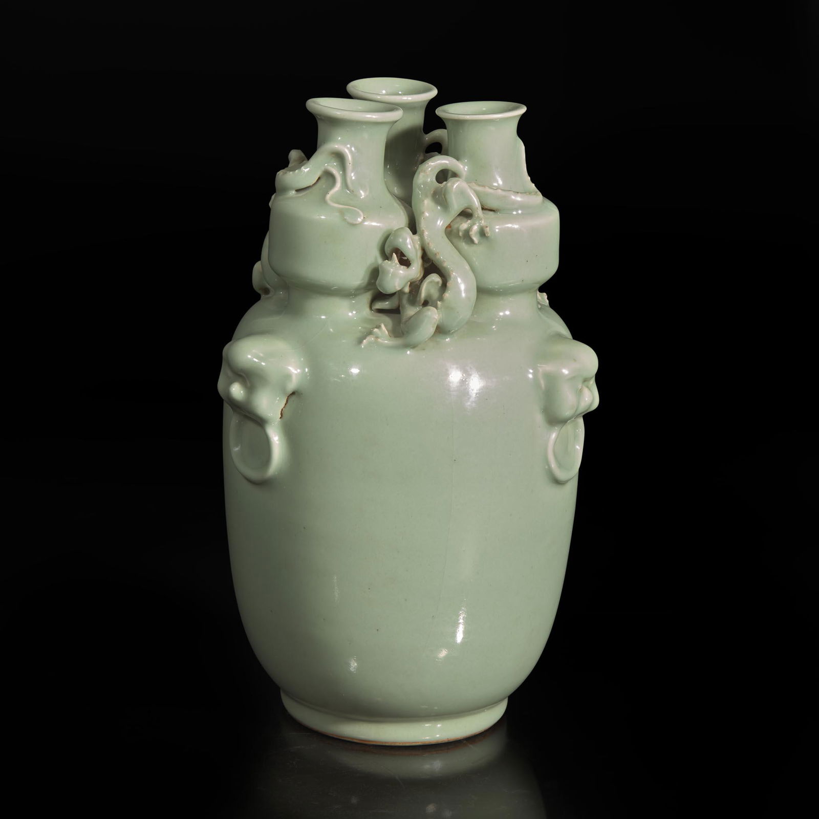 An unusual Chinese Longquan celadon-glazed triple-necked vase 龙泉青釉 (1 of 4)