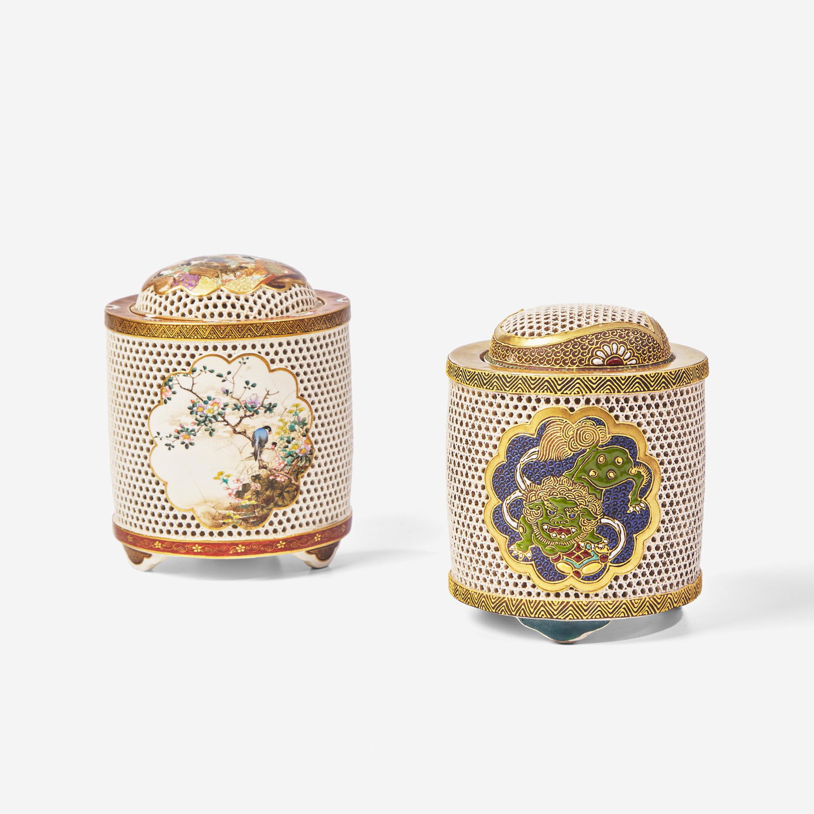 A Satsuma type reticulated Koro, Ryozan; and another, unsigned 日本薩摩: A Satsuma type reticulated Koro, Ryozan; and another, unsigned 日本薩摩燒風格蓋盒一對 Meiji to Taisho period 明治至&
