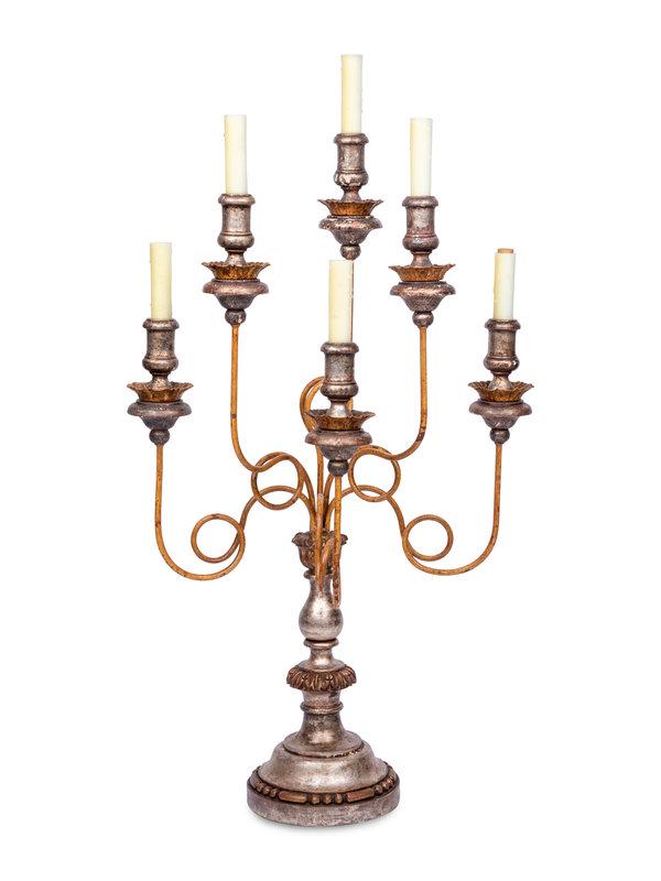 An Italian Silvered and Polychrome-Decorated Six-Light Candelabrum: An Italian Silvered and Polychrome-Decorated Six-Light Candelabrum Early 20th Century Height overall 38 1/2 inches. This lot is located in Chicago. Property from Linden Hou