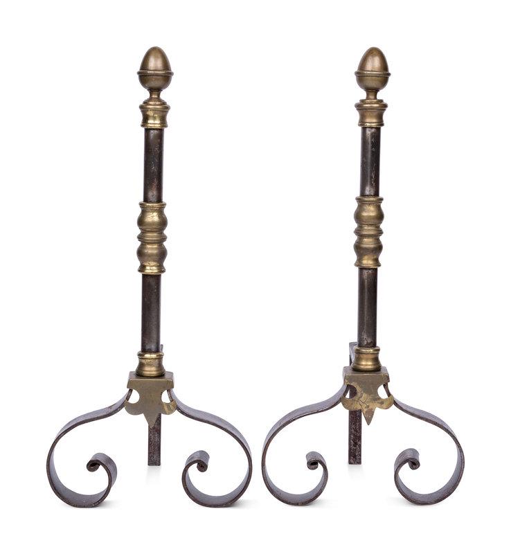 A Pair of English Brass and Steel Andirons: A Pair of English Brass and Steel Andirons Late 19th/Early 20th Century Height 23 inches. This lot is located in Chicago. Condition Condition reports are available upo