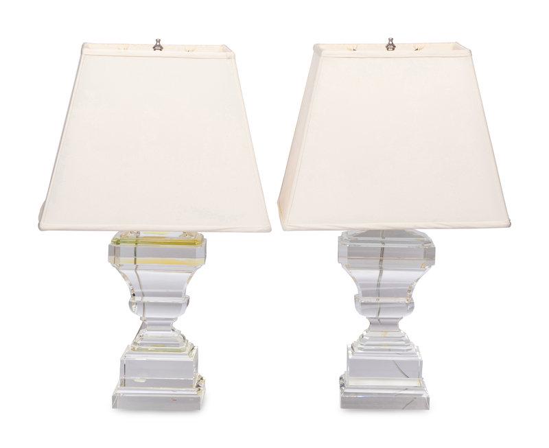 A Pair of Contemporary Glass Table Lamps: A Pair of Contemporary Glass Table Lamps with shades. Height overall (to top of finial) 24 1/2 inches. This lot is located in Chicago. Property from Linden House, Indianapolis, Indian