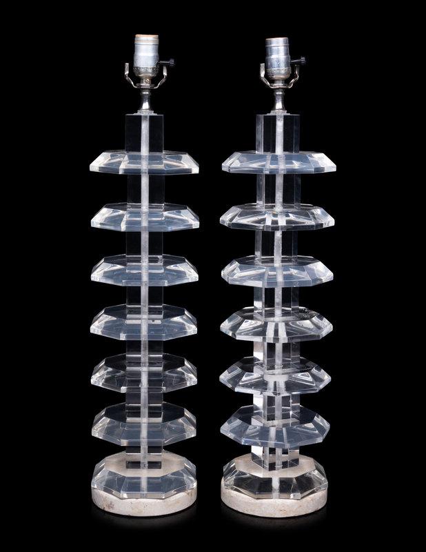 A Pair of Contemporary Acrylic Table Lamps: A Pair of Contemporary Acrylic Table Lamps with shades. Height overall (to top of finial) 36 inches. This lot is located in Chicago. Property from Linden House, Indianapolis, Indiana<