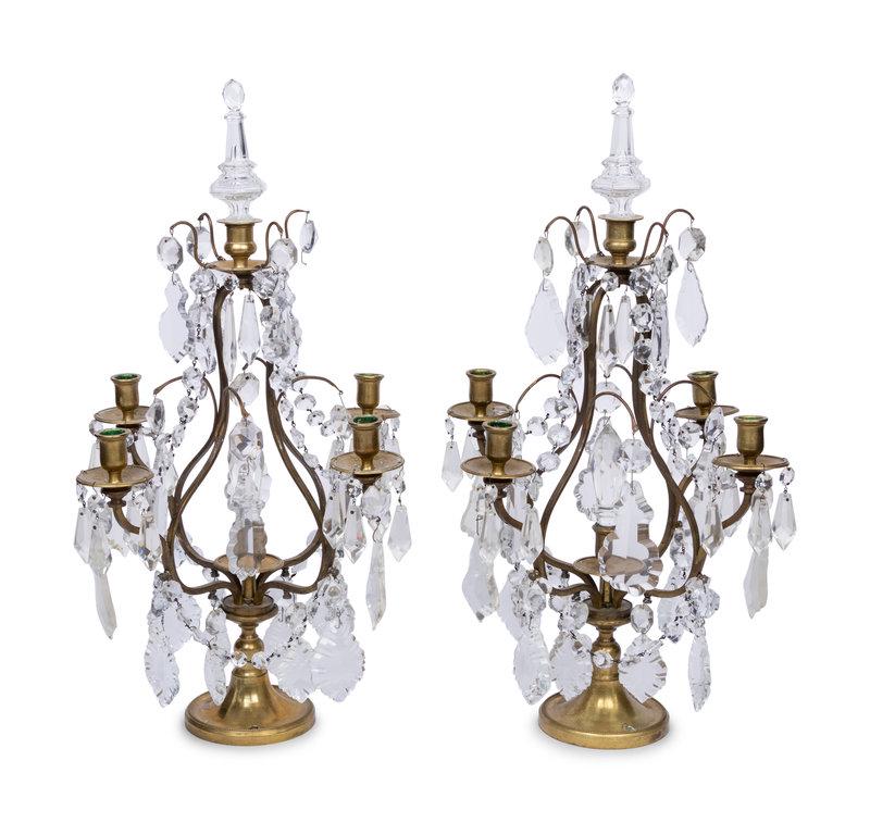 A Pair of French Brass and Glass Four-Light Candelabra: A Pair of French Brass and Glass Four-Light Candelabra 19th Century Height 23 x width 14 1/4 inches. This lot is located in Chicago. Condition Condition reports are av