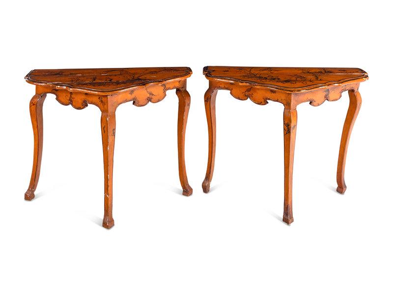 A Pair of Painted Console Tables: A Pair of Painted Console Tables 18th/19th Century with Chinoiserie decoration. Height 31 x width 38 x depth 19 1/4 inches. This lot is located in Chicago. Conditio